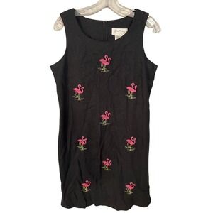 Giorgio Fiorlini Collection Black Linen Blend Flamingo Embroidered Dress Size 10